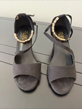 Black Ankle-Strap Block Heel Sandals with Gold Accent
